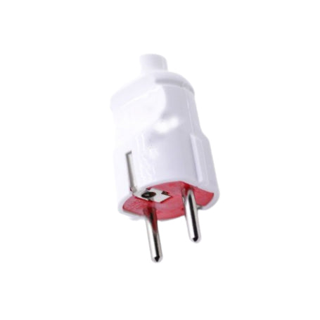 Stecher axial cu CP, vedere frontala pin-uri metalice si corp plastic alb-rosu