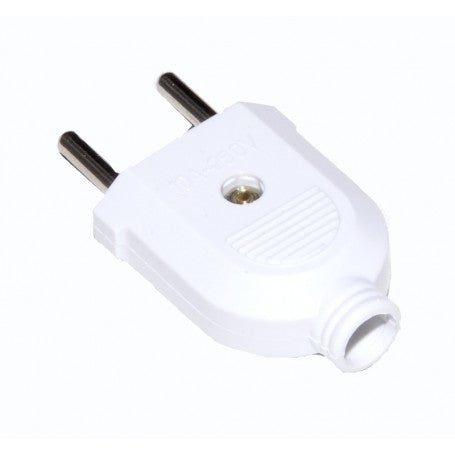 Stecher plat EU 10A 250V alb, 2 pini metalici, corp ABS compact, prindere cablu cu surub