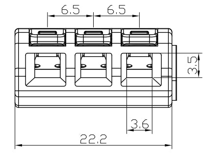 Conector push-in sectiune laterala cu dimensiuni 22,2 x 6,5 mm, 3 intrari pe rand
