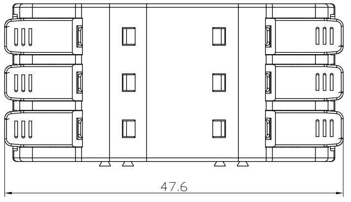 Desen tehnic conector push cu latime 47.6mm, vedere frontala cu 3 intrari pe fiecare parte
