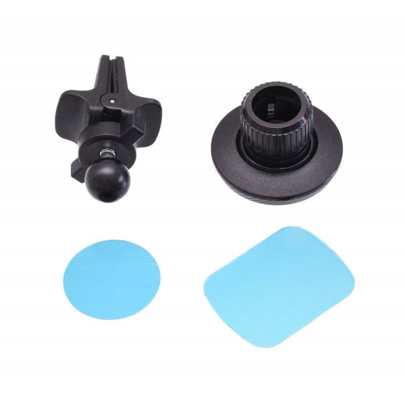 Componente suport telefon magnetic auto: clema grila, inel magnetic, doua placute adezive metalice