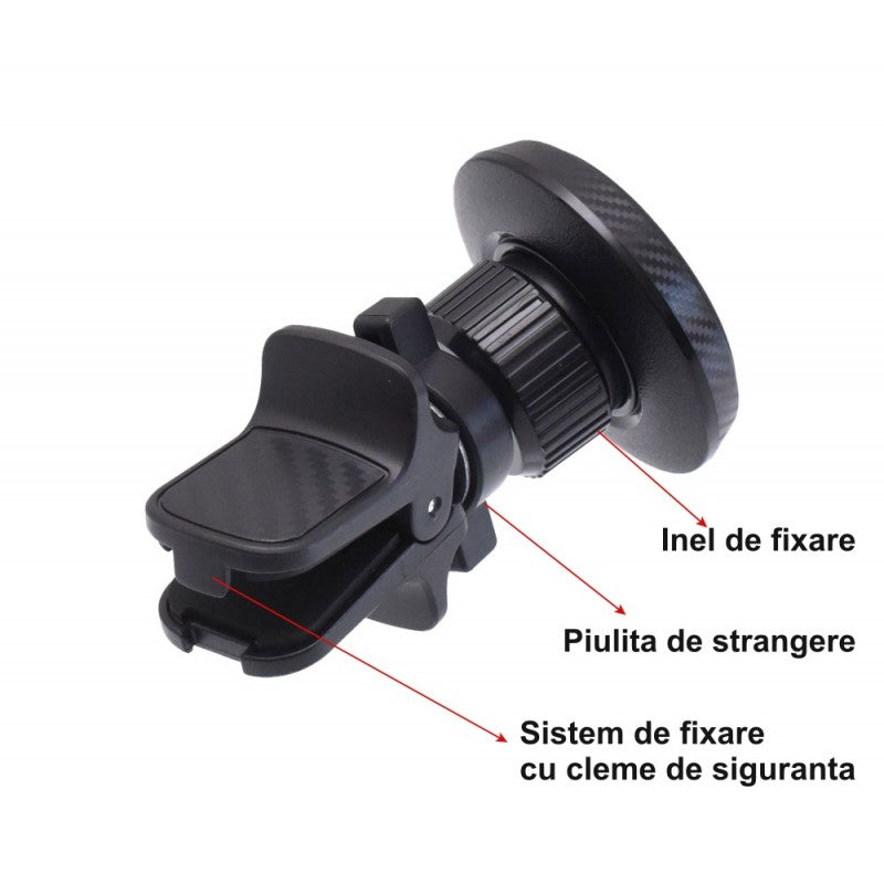 Suport telefon magnetic auto cu etichete explicative: inel fixare, piulita strangere, clema siguranta