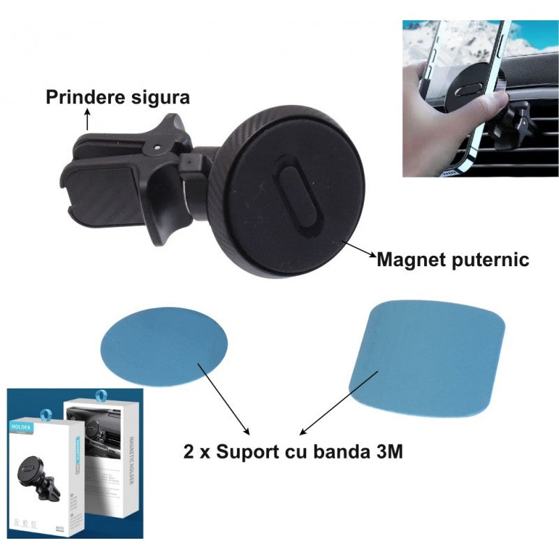 Suport telefon magnetic auto cu magnet puternic, include 2 placute adezive banda 3M si clema siguranta