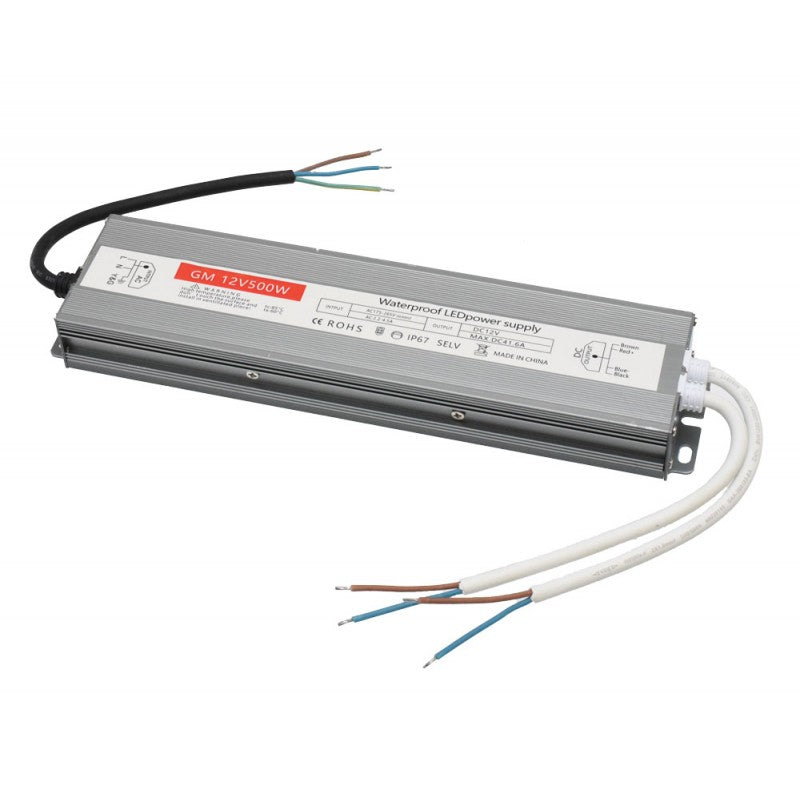 Sursa alimentare slim 500W 12V DC, IP67, pentru LED exterior, carcasa aluminiu cu cabluri preconectate