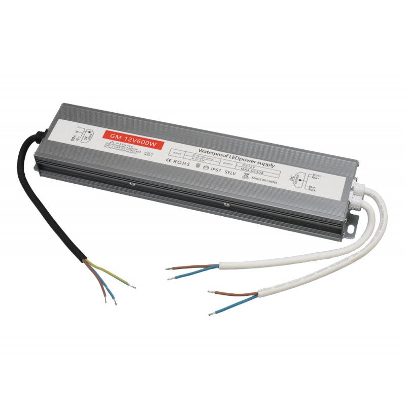 Sursa alimentare slim 600W 12V DC IP67 pentru exterior, carcasa aluminiu cu cabluri intrare 220V si iesire