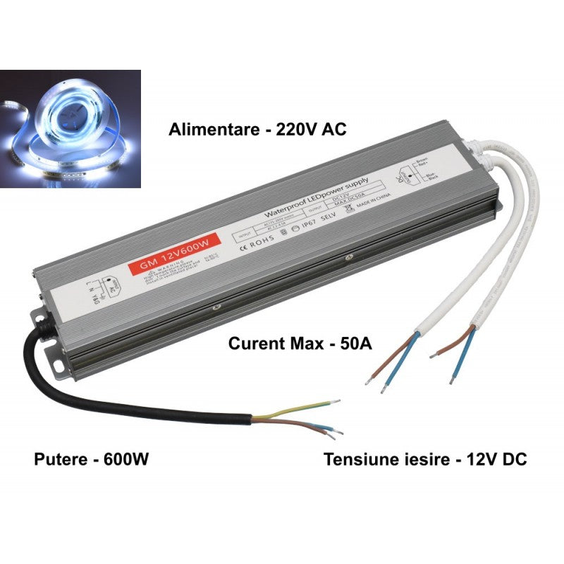 Sursa alimentare slim IP67 600W, 50A curent maxim, iesire 12V DC pentru benzi LED exterior