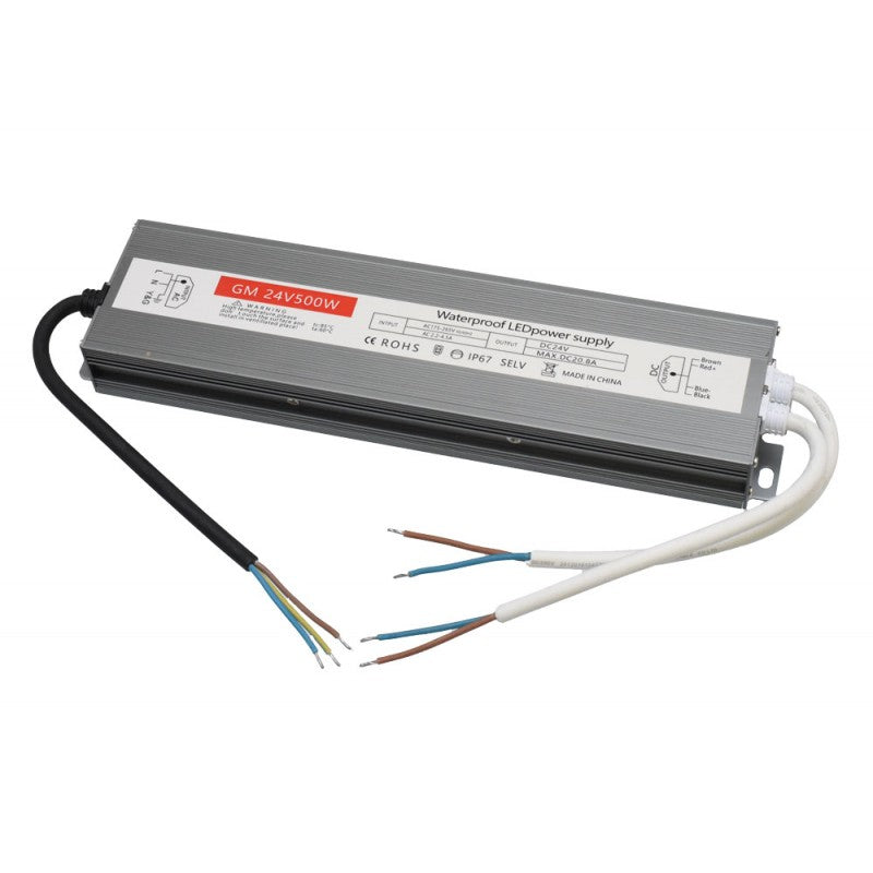Sursa alimentare slim 500W 24V DC, IP67, waterproof, carcasa aluminiu cu cabluri pre-montate