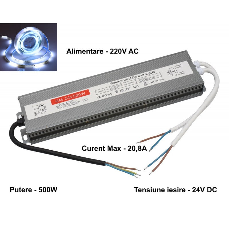 Sursa alimentare 24V 500W IP67, schema conexiuni 220V intrare si 20.8A iesire pentru benzi LED