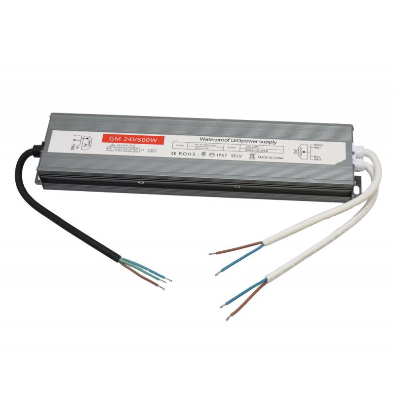 Sursa alimentare slim 600W 24V DC, IP67, pentru benzi LED exterior, carcasa aluminiu cu cabluri preinstalate
