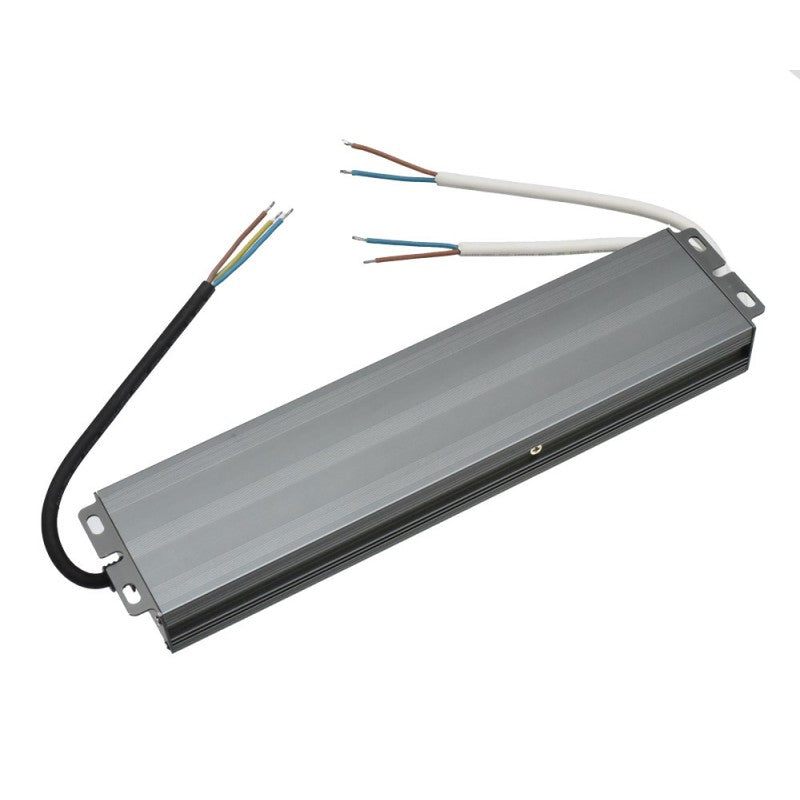 Sursa alimentare LED 600W, design slim compact, vedere spate cu gauri de montare si cabluri