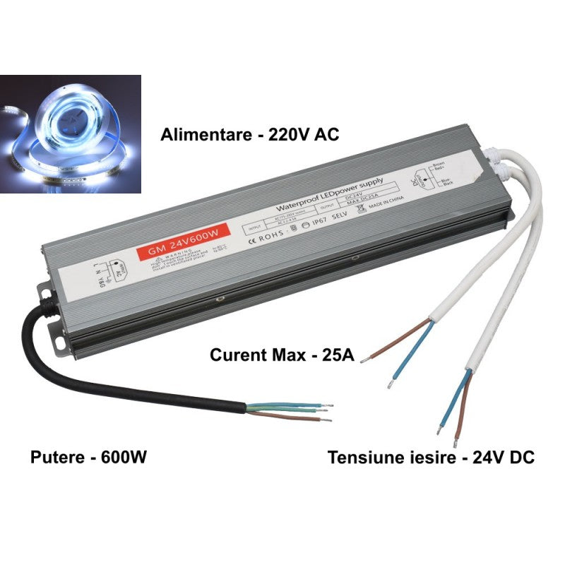 Sursa alimentare 24V 600W, curent max 25A, alimentare 220V AC, compatibila benzi LED exterior