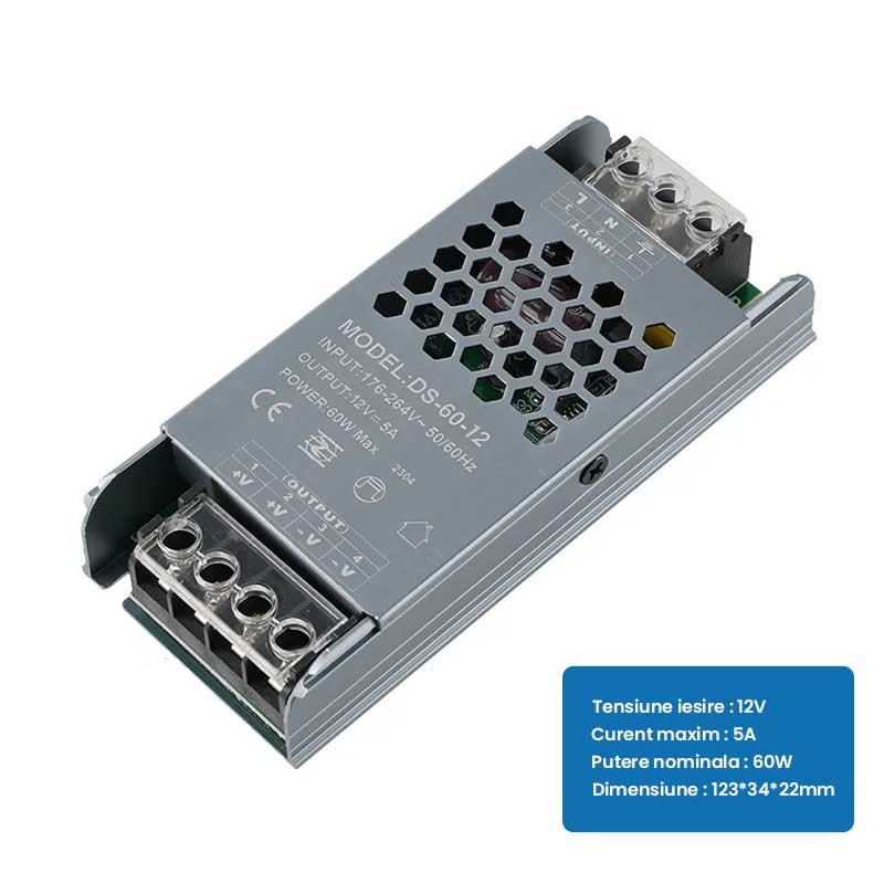 Sursa alimentare 60W 12V 5A cu specificatii tehnice: tensiune iesire, curent maxim, dimensiuni