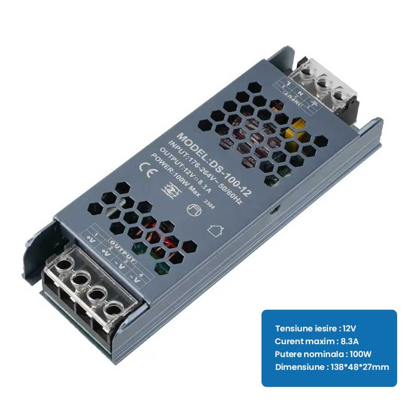 Sursa alimentare 12V 100W cu specificatii tehnice: curent maxim 8.3A, dimensiuni 138x48x27mm