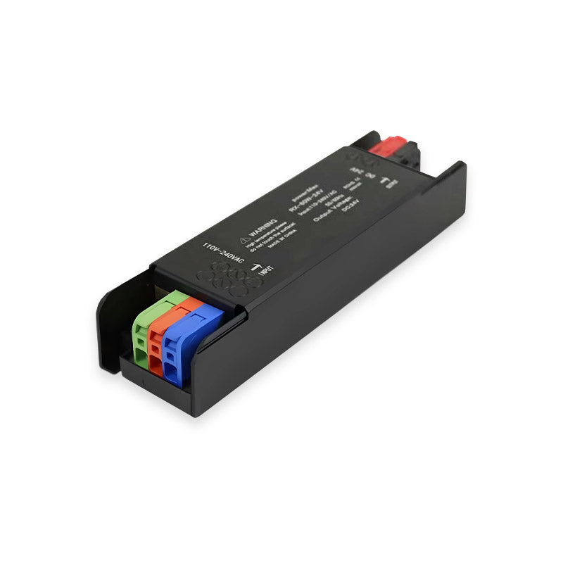 Sursa alimentare slim 24V 60W pentru banda LED, conectori Push-in color-coded, design compact 120x34x24mm, IP20