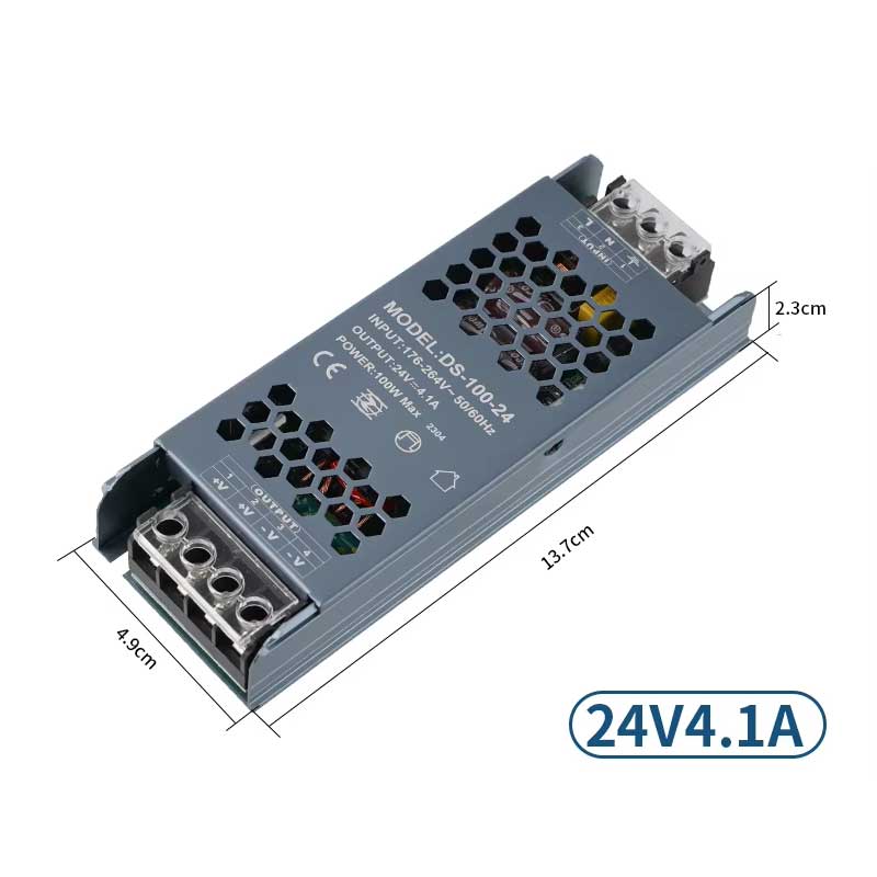 Sursa alimentare 100W 24V 4.1A cu dimensiuni 13.7x4.9x2.3 cm indicate