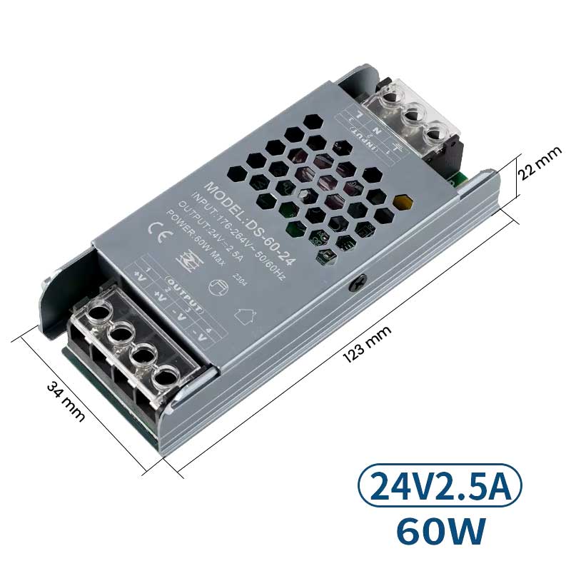 Sursa alimentare 60W 24V compacta, dimensiuni 123x34x22mm, iesire 2.5A