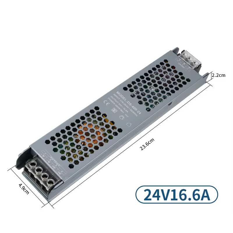 Sursa de alimentare 24V 400W cu dimensiuni 23.6x4.9x2.2cm si curent de iesire 16.6A