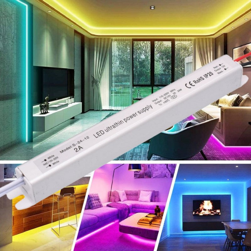 Sursa alimentare slim 12V 24W utilizata pentru iluminat ambiental cu benzi LED colorate in living
