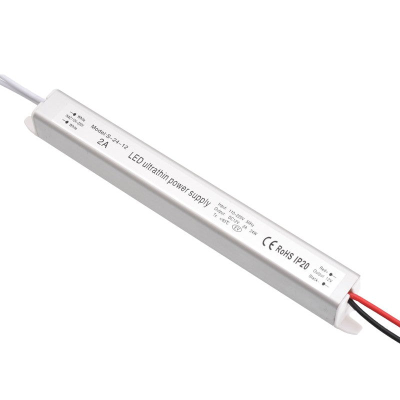 Sursa alimentare ultra slim 24W IP20, vedere laterala cu fire de iesire rosii si negre marcate polar
