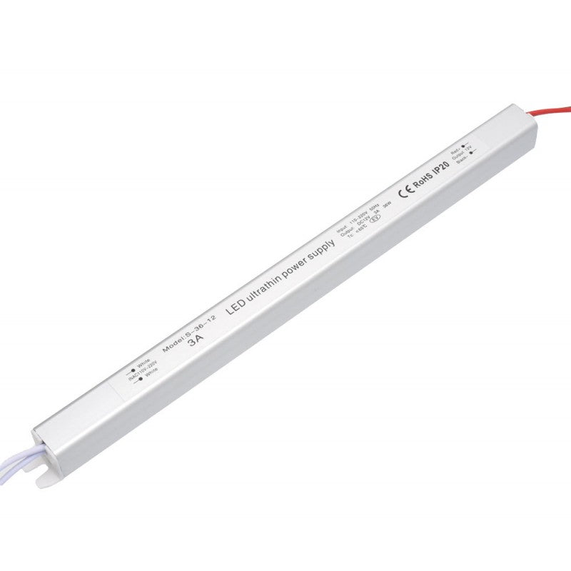 Sursa alimentare LED slim 36W 3A, vedere frontala carcasa aluminiu cu specificatii tehnice vizibile