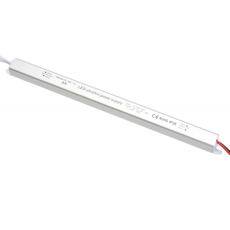 Sursa alimentare LED ultra slim 36W 12V, vedere laterala cu eticheta tehnica IP20