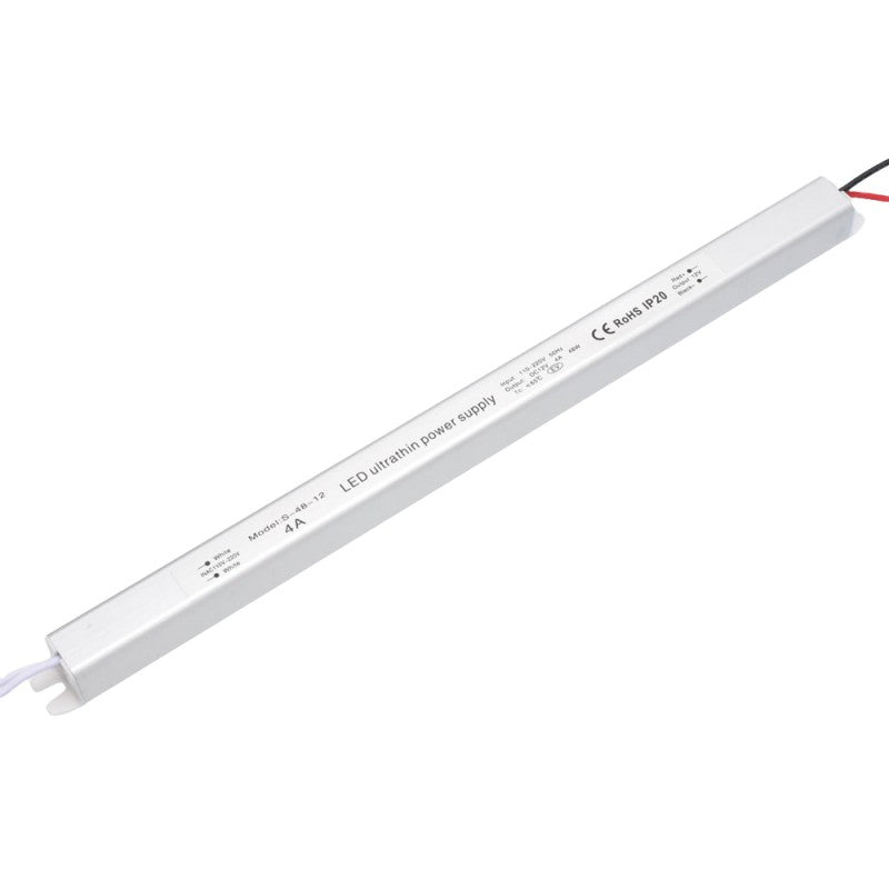 Sursa alimentare ultra slim 12V 48W IP20 pentru benzi LED, carcasa metalica alba, cabluri de iesire