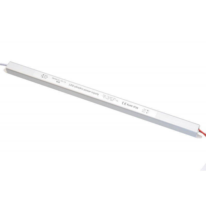 Sursa alimentare LED ultra slim 12V 6A, vedere laterala cu eticheta specificatii tehnice