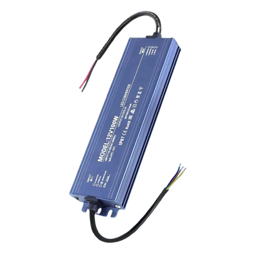Sursa alimentare LED exterior 12V 80W IP67, carcasa aluminiu albastra, cabluri intrare/iesire vizibile