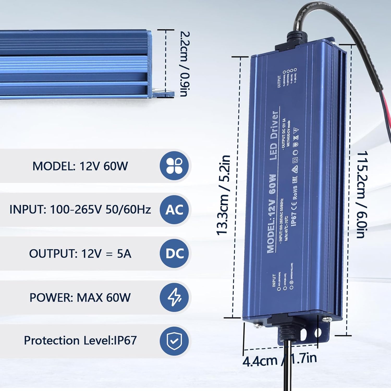 Driver LED 12V 60W IP67, dimensiuni 13.3x4.4cm, intrare 100-265V AC, iesire 12V 5A