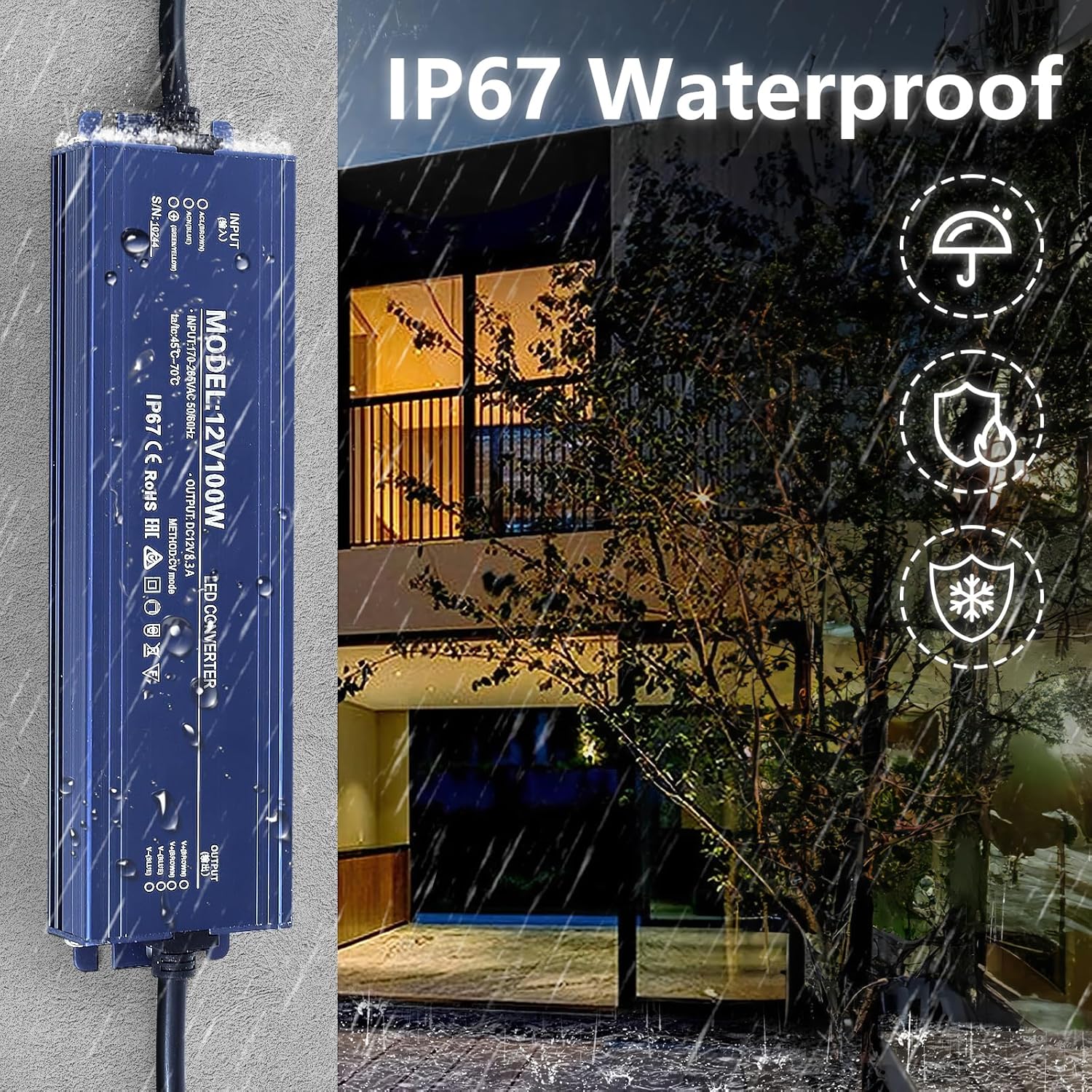Sursa alimentare LED IP67 rezistenta la ploaie, montaj exterior pe perete in conditii meteo extreme