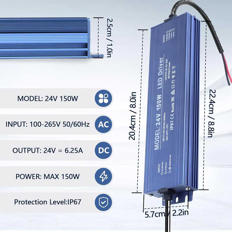 Driver LED 150W 24V cu dimensiuni 20.4x5.7x2.5cm si specificatii tehnice afisate