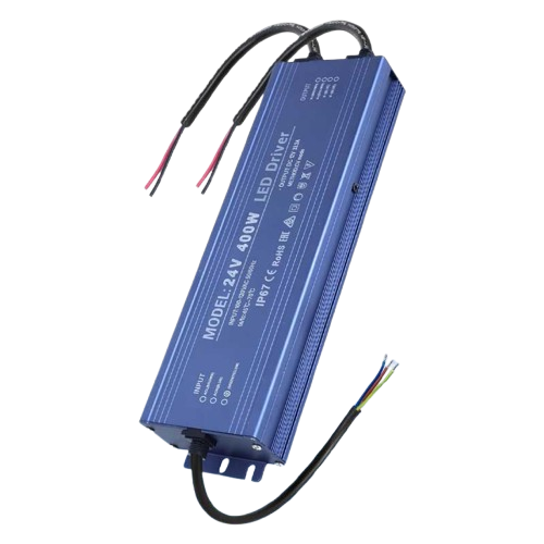 Sursa alimentare LED 24V 400W IP67, carcasa aluminiu albastra, fire intrare-iesire, pentru iluminat exterior