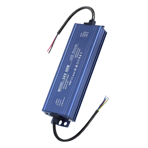 Sursa de alimentare LED 60W 24V IP67 impermeabila, carcasa aluminiu albastra cu cabluri intrare/iesire