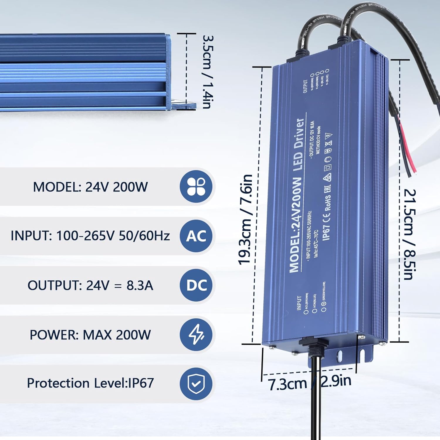 Driver LED 24V 200W IP67, dimensiuni 21.5x7.3cm, iesire 8.3A, intrare 100-265V AC