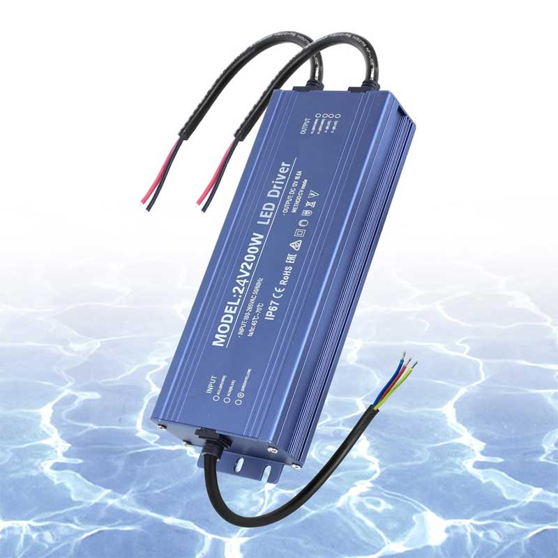 Sursa alimentare LED 24V 200W IP67 cu carcasa albastra rezistenta la apa, vedere lateral