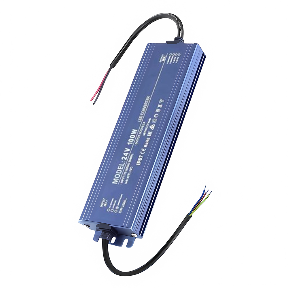 Sursa alimentare LED exterior 24V 100W IP67, carcasa aluminiu albastra cu fire intrare si iesire