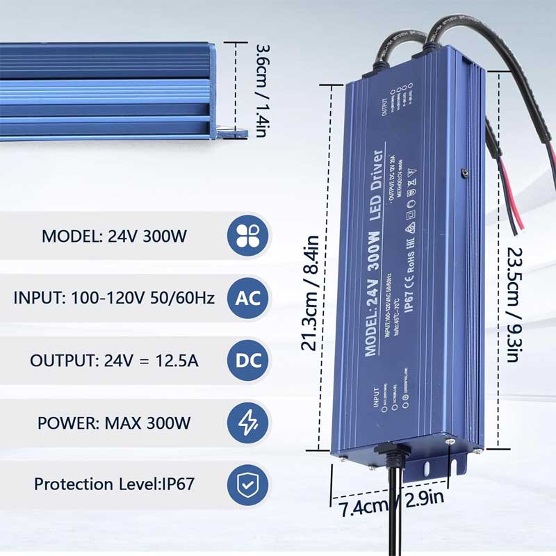 Driver LED 300W 24V IP67 cu dimensiuni detaliate: 21.3x7.4x3.6cm, iesire 12.5A