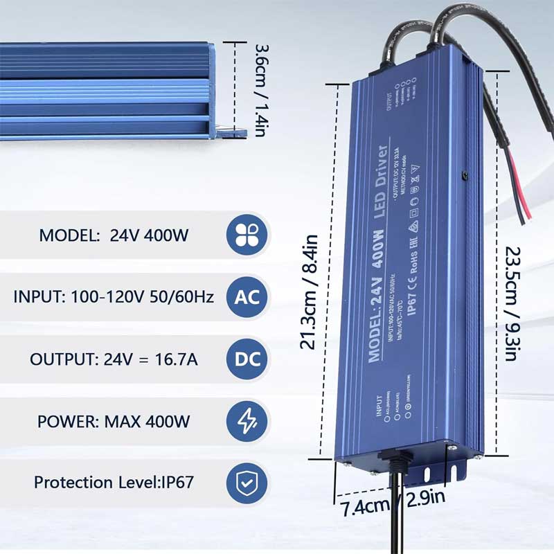 Driver LED 24V 400W IP67, dimensiuni 23.5x7.4x3.6cm, iesire 16.7A, specificatii tehnice vizibile