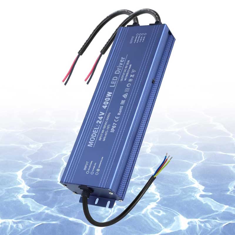 Driver LED 24V 400W IP67 rezistent la apa, carcasa albastra aluminiu, testat in mediu umed exterior