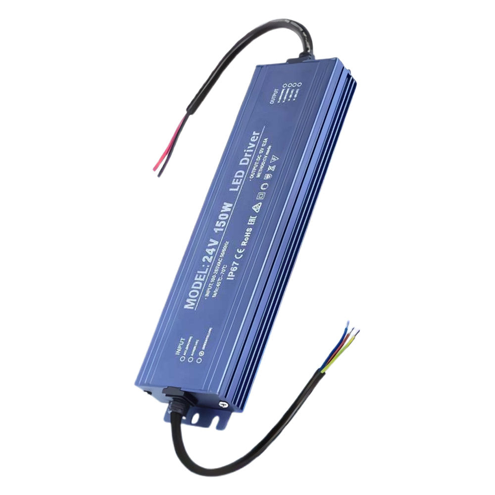 Sursa de alimentare LED 150W 24V IP67, carcasa aluminiu albastra, fire intrare si iesire vizibile