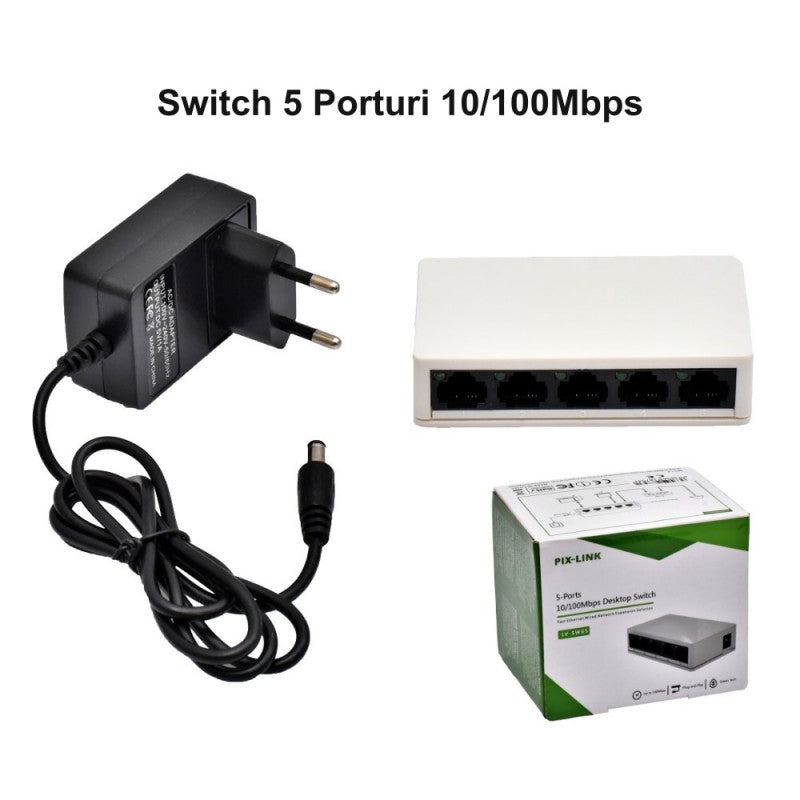 Switch 5 porturi 10/100Mbps cu adaptor de alimentare si cutie incluse in pachet