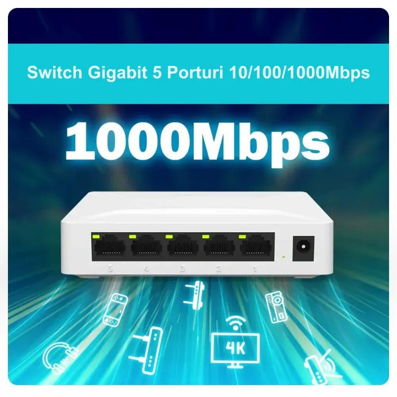 Switch gigabit desktop 5 porturi 1000Mbps, compatibil cu dispozitive multimedia si retea