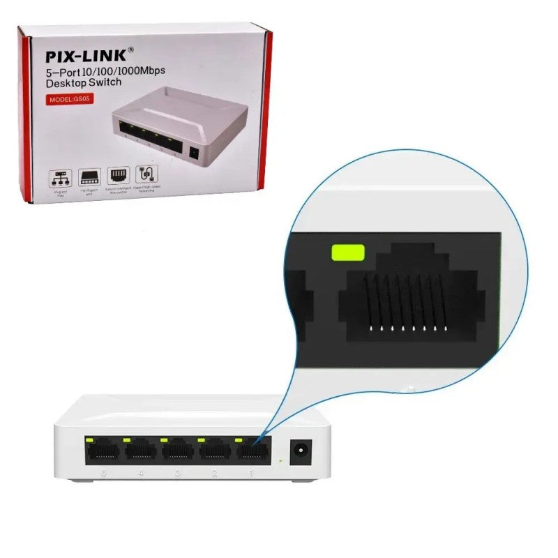 Switch gigabit 5 porturi cu detaliu port RJ45 Gigabit si indicator LED verde
