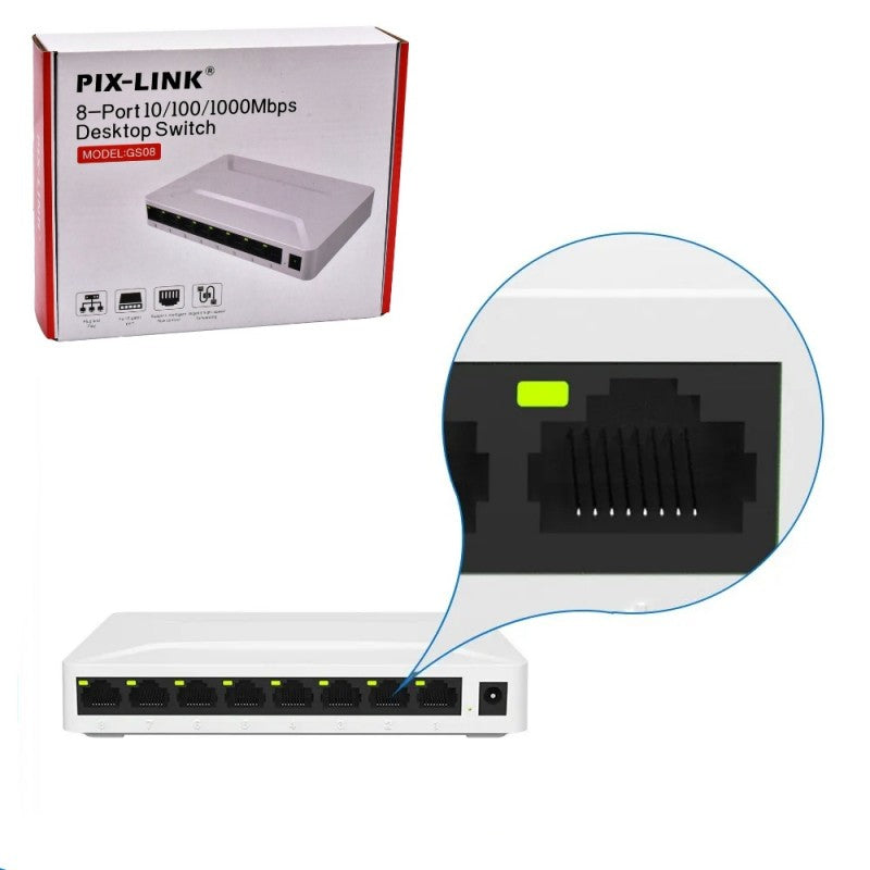 Switch retea 8 porturi Gigabit, detaliu port RJ45 cu LED activ si cutie de ambalaj