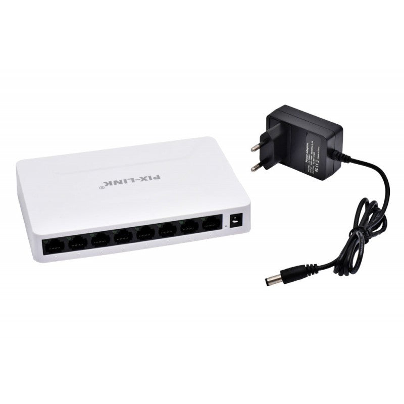 Switch retea desktop 8 porturi cu adaptor de alimentare inclus, vedere frontala si lateral