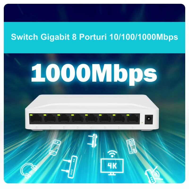 Switch Gigabit 8 porturi 1000Mbps, compatibil cu dispozitive multiple conectate simultan