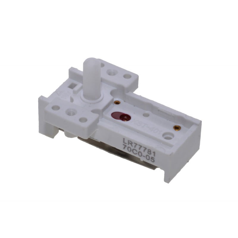 Termostat convector electric, vedere laterala cu eticheta de identificare si axul de reglare