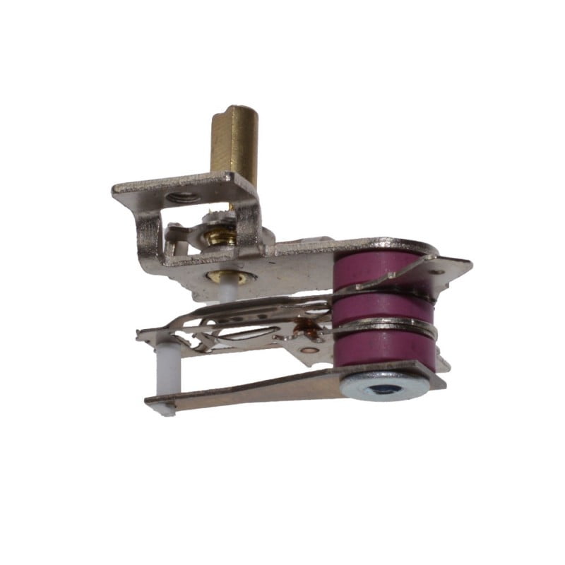 Termostat calorifer electric vedere laterala, lamele bimetalice si izolatori ceramici roz vizibili