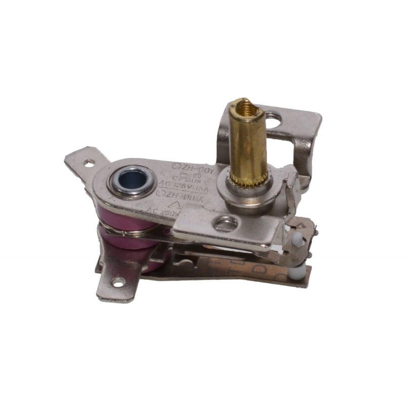 Termostat bimetalic 250V 15A pentru radiator electric, detaliu ax filetat alama si buton resetare