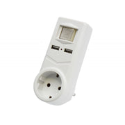 Adaptor triplu stecher cu priza Schuko, 2 porturi USB 5V 2100mA si intrerupator integrat, alb